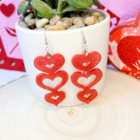 Earrings. Heart earrings. Valentines Day Red Heart Glitter and Resin dangle  studs.